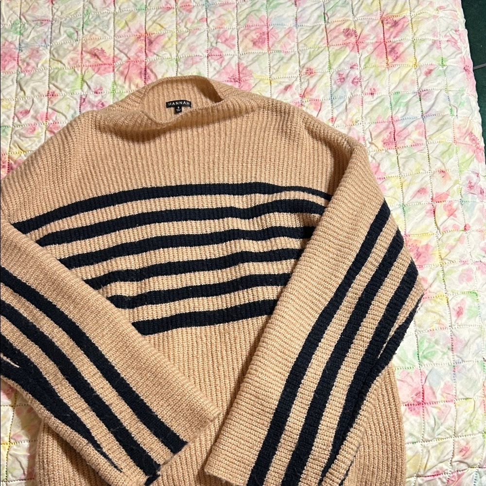 H&M Tan and Black Striped Crewneck Sweater